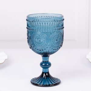 6-Pack Vintage Embossed Wine Glasses 12oz Short Stemmed Design Ocean Blue - Textured Floral Pattern for Cocktails & Drinks
